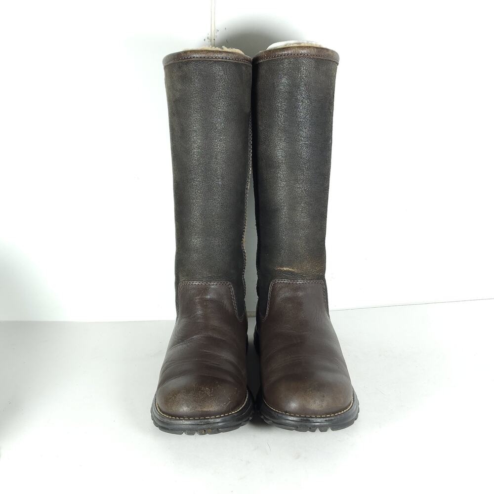 UGG Womens Brooks US7 Tall Brown Leather Shearling Sherpa PullOn Boots - Picture 3 of 16
